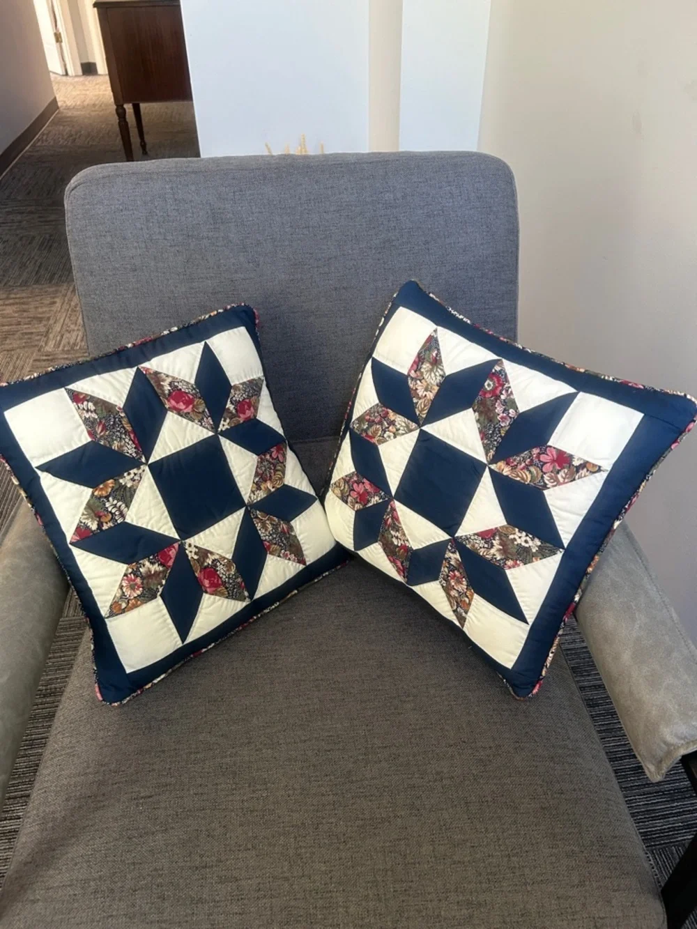 Bundle of Two Vintage Handmade Quilted Patchwork Star Decorative Square Pillows
